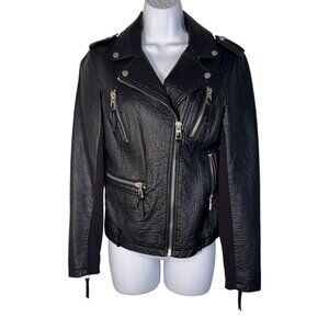 BNCI Black Textured Faux Leather Moto Jacket Coat Biker Rock & Roll Metal Club S